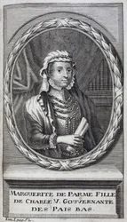 Portræt af Margarita af Parma (eller Margarita af Østrig) (1522-1586), hertuginde af Parma og Piacenza, naturlig datter af Karl V (1500-1558) og guvernante i Holland (Holland) fra 1559-1581. Gravering for at illustrere "Historien om krigen i Fla