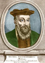 Portræt af Michel nostradamus, læge, ne à Saint Remy de Provence (Saint-Remy-de-Provence) den 14/12/1503 og død 02/07/1566. Indgravering af det 19. århundrede.