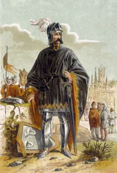 Portræt af Philip van Artevelde (1340-1382), flamsk politiker og leder af vævernes oprør i Gent mod grev Ludvig II af Flandern, kendt som Ludvig af Male eller Maele (1381). Han blev besejret og dræbt i slaget ved Roosebeke (1382). Kromolitografi