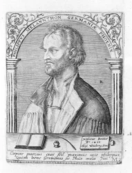 Portræt af Philip Melanchthon (Melanchthon) (1497 - 1560), tysk religiøs reformator. Gravering.