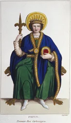 Portræt af Pépin le Brief (v. 714 - 768), konge af francerne, første karolinergravering fra 1830