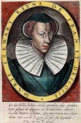 Portræt af dronning Marie Stuart (1542 - 1587), dronning af Frankrig og Skotland. Stik af det 16. århundrede. Privat samling.
