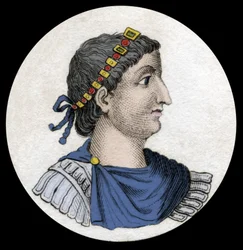 Portræt af Theodosius I (Flavius Theodosius) (347-395), romersk kejser, kobberstik fra det 19. århundrede