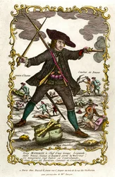 Portræt af den franske brigand Louis Mandrin (ca. 1725-1755). Bag ham, Autuns handling og Baunes kamp. Stik af det 18. århundrede. Privat samling