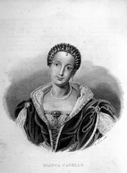 Portræt af venetianeren Bianca Cappello (1548 - 1587), François de Medicis hustru. Indgravering af det 19. århundrede.