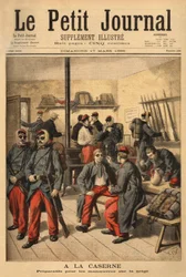 Forberedelse til manøvrer i sneen: I stedet for at bære briller med røgfarvede glas er soldaterne dækket af sort sod. Stik i “Le Petit Journal”, 17/03/1895. Selvas samling.