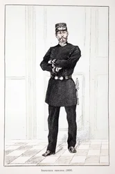 Overinspektør (1894). Radering i farver, til illustration "" Histoire du corps des gardes de la paix""" bog udgivet i regi af Louis Lepine (1846-1933), præfekt for politiet på Seinen, af Alfred Rey (1864-?) og Louis Feron (1862-?)