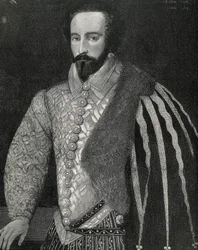 Raleigh, Sir Walter (1554-1618). Engelsk sømand, opdagelsesrejsende og mægler. Portræt af Sir Walter Raleigh. Graveret i 1891, udført efter en anonym original, der er bevaret på National Portrait Gallery i London. Gravering.