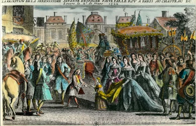 Modtagelse af Spaniens spædbarn Marie Anne Victoire (1718-1781) af kong Ludvig XV i Paris ved Louvre den 2. marts 1722. Mariana Victoria de Borbon blev i en alder af 3 forlovet med Ludvig XV i en alder af 11. Gravering af det 18. århundrede. Privat samling