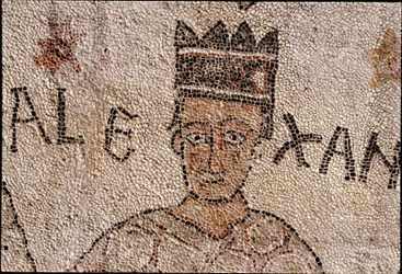Repræsentation af Alexander den Store (356-323 f.Kr.), konge af Macedoine og erobrer af Persien, omringede indisk fauna under erobringen af Indien. Pantaleones fortov (eller Pantaleon