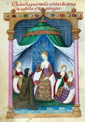 Repræsentation af dronning Isabella af Portugal Isabella af Aragon (1271-1336) omgivet af sine ledsagere og Pedro Marcuello, der tilbyder hende sin bog. Manuskriptside taget fra "" Samling af hengivenhed af Dronning Joan the Folle (1479-1555) af Spanien"" 