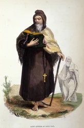 Repræsentation af Sankt Antonius den Store, egyptisk anachoret (251 - 356), grundlægger af kristen eremitisme og Sankt Paul af Theben (han ville være gået forud for Sankt Antonius i Thebaide). Indgravering af det 19. århundrede.