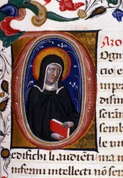 Repræsentation af Saint Claire (Chiara) af Assisi (ca. 1192-1253), grundlæggeren af den religiøse orden Clares. Miniature fra et manuskript fra 1400-tallet.