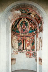 Fremstilling af Jomfruen med barnet omgivet af de hellige tre konger. Fresko fra den centrale apsis i kirken Santa Maria i Taüll. Omkring 1123. Barcelona. Cataloniens nationale kunstmuseum