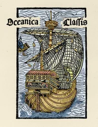 Repræsentation af karavellen Santa Maria af Christopher Columbus (1451-1506). Indgravering fra “De insulis in mare Indico super inventis”, Bale 1493-1494 (latinsk oversættelse af Columbus