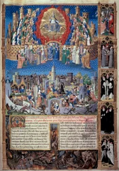 Fremstilling af Guds by (himmelsk) og menneskenes by (jordisk). Miniature fra 
