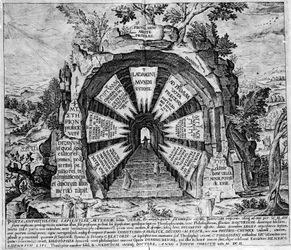 Repræsentation af indgangen til House of Mysteres, symbolsk for evigt liv. Indgravering af "Amphitheatrum sapientiae aeternae". (Amphitheatre of eternal visdom) [Hamburg: s.n.