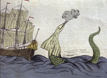 Repræsentation af søslangen set af den norske missionær Hans Egede (1686-1758) under sin rejse til Grønland. Stik af det 18. århundrede