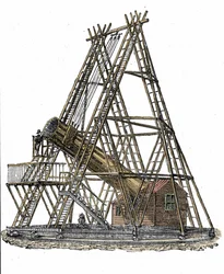 Repræsentation af den engelske astronom William Herschels (1738-1822) teleskop. Indgravering af det 19. århundrede