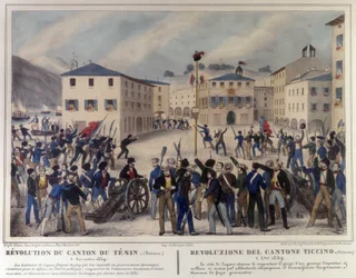 Revolution af kantonen Ticino i Schweiz den 5. december 1859. Gravering af det 19. århundrede.