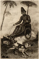 Robinson Crusoe on his chariot trainee by six dogues, engraving inserted in “Les aventures de Robinson Crusoe” by Daniel Defoedani