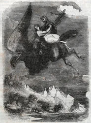Roger (Ruggero, Ruggiero) og Angelique (Angelica) om flodhesten - gravering fra 1851 fra "" Roland furieux"" (1500-tallet) af Ludovico Ariosto, kendt som Ariosto - Udgave oversat fra italiensk af greven af ​​Tressan og udgive