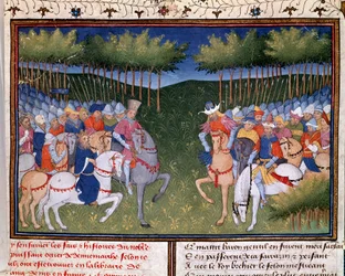 Roman af Ogier den danske: kampen mellem to miniature ryttere fra "" Chronicle of Bertrand du Guesclin"" (Ms 490) 1405 Musee Conde, Chantilly