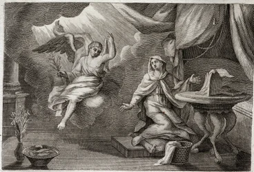 Royaumont Bible, Det Nye Testamente: Jomfruens bebudelse. Ærkeenglen Gabriel er kommet for at levere et budskab til Maria. Illustration fra 1811.