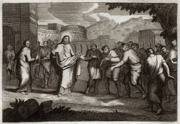 Royaumont Bible, Nye Testamente: De ti spedalske. Jesus Kristus kæmper ti spedalske. Illustration fra 1811.