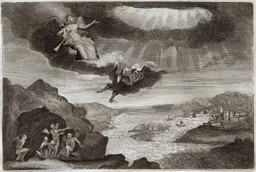 Royaumont Bible, Det Nye Testamente: Åbenbaringens femte og sjette trompet. Græshopperne og de fire engle. Illustration fra 1811.