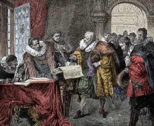 Rudolf II giver majestætsbrevet - Kejser Rodolph II af Østrig (1552-1612) giver majestætsbrevet i 1609 (religionsfrihed til Kongeriget Boheme)