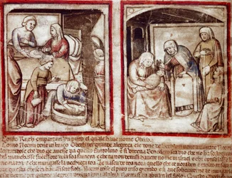 Ruth føder Obed (Obeth) søn af Boaz (Boaz) Miniature fra Codex 212 (eller Padovan Codex eller Bible of Padua) 1390-1400 Rovigo, Accademia dei Concordi