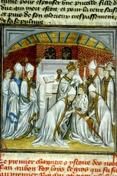 Kroningen af Ludvig VI (1108) - Illumination fra middelaldermanuskriptet på pergament »De store krøniker fra Saint-Denis«, slutningen af det 14. århundrede (ref. 512)