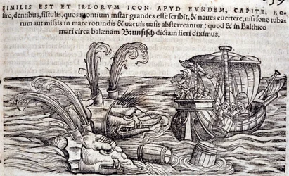 Sømænd kaster tønder i havet for at distrahere monstre i jagten. Indgravering i "Historia Animalium" af Conrad Gesner (1516-1565), Tiguri