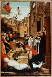 Saint Francois beder under en pestepidemi under begravelsen af døde kroppe. Anonymt maleri