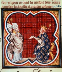 Saint Gregoire arkaiske af tårne (538-594) og Saint Salvius (Salve) eveque af Albi, der fordømmer kætteri af Chilperic I (539-594). Miniature i "" Grandes Chronicles de France. Grandes Chronicles de France de Charles V" (folio 41v), uidentificeret forfatte