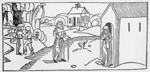 Sankt Pastor. Indgravering fra "De helliges liv - sommerdel" (Helgenbogen) af Jacobus (James) fra Voragine (1228-1298). Lübeck 1488.