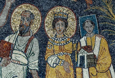 Saint Paul, Saint Cecile og Saint Pascal Detalje af Kristus og seks helgener. Anonym mosaik, 821. Rom Basilica di Santa Cecilia in Trastevere