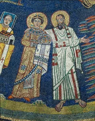 Saint Praxede (Prassede) og Saint Paul Detail. Anonym mosaik omkring 830. Triumfbuen for basilikaen Santa Prassede, Rom