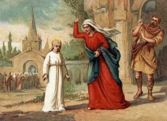 Sainte Genevieve (422-502), skytshelgen for Paris, misbrugt af sin mor. Kromolitografi omkring 1890.