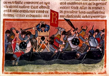 Scene af søslag Miniature fra en fransk kodeks på pergament "Fakta om romerne"", der fortæller den antikke historie op til Jules Cesar (101 f.Kr.-44 f.Kr.). Venedig fra det 13. århundrede, biblioteca Marciana