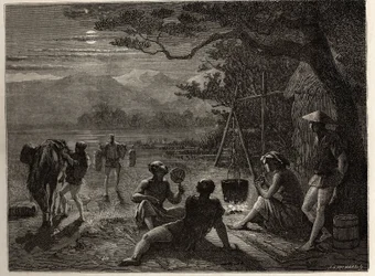 Scene i resten af landet, i måneskin, er måtter rejst på jorden efter arbejdsdagen. Indgravering til illustration af rejsen til Japan i 1863-1864 af Aime Humbert, minister for Det Schweiziske Forbund, i "Le tour du monde, nouveau journal des