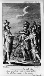 Scene af første akt af "" Alexandre aux Indies" (Alessandro nelle Indie), opera af komponisten Niccolo Vito Piccinni (eller Piccini) (1728-1800) (1758) efter en libretto af Pietro Metastasio (Metastase). Stik fra slutningen af 1700-tallet