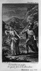 Scene af første akt af "" Zenobia"" (Zenobie), opera af komponisten Niccolo Vito Piccinni (eller Piccini) (1728-1800) (1756) efter en libretto af Pietro Metastasio (Metastase). Stik fra slutningen af 1700-tallet