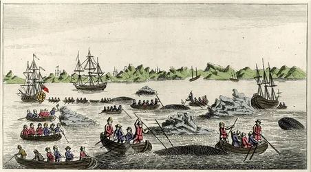 Scene for hvalfiskeri i Grønland i 1700-tallet, anonymt populærtryk fra perioden