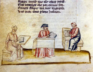 Forskere studerer i et kloster. Miniature fra det fransk-italienske manuskript “” Entree d
