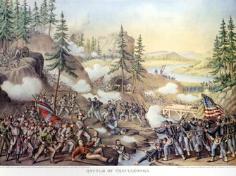 Secession War (1861 - 1865) eller American Civil Giuerre: 24-25/11/1863: efter to dages kamp ved Chattanooga, Tennessee, sejr for den nordlige hær under kommando af general Rosecrans. Gravering.