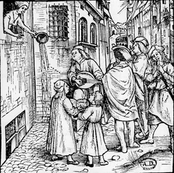 Studenter-serenade (musikere), Basel, ca. 1500 - gravering, Bibl.