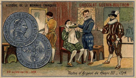Serien History of the French Currency udgivet af Chocolat Guérin Boutron. 1800-tallets kromolitografi. Sølvteston af Henry III. 1574