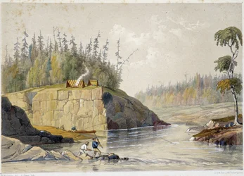 Nybyggere i Canada, der fisker i en flod - i "" Sketches on the nipisaguit a river of New Brunswick in America"" af William Hickman, red. Halifax